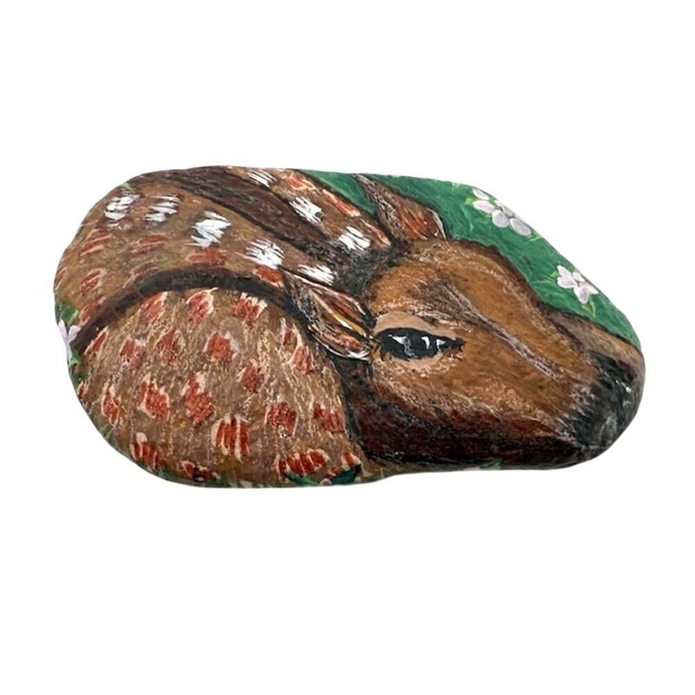 PET ROCK FAWN / DEER Hand Painted Resting 5"W 2.75"H 1"D.. Doorstop Large